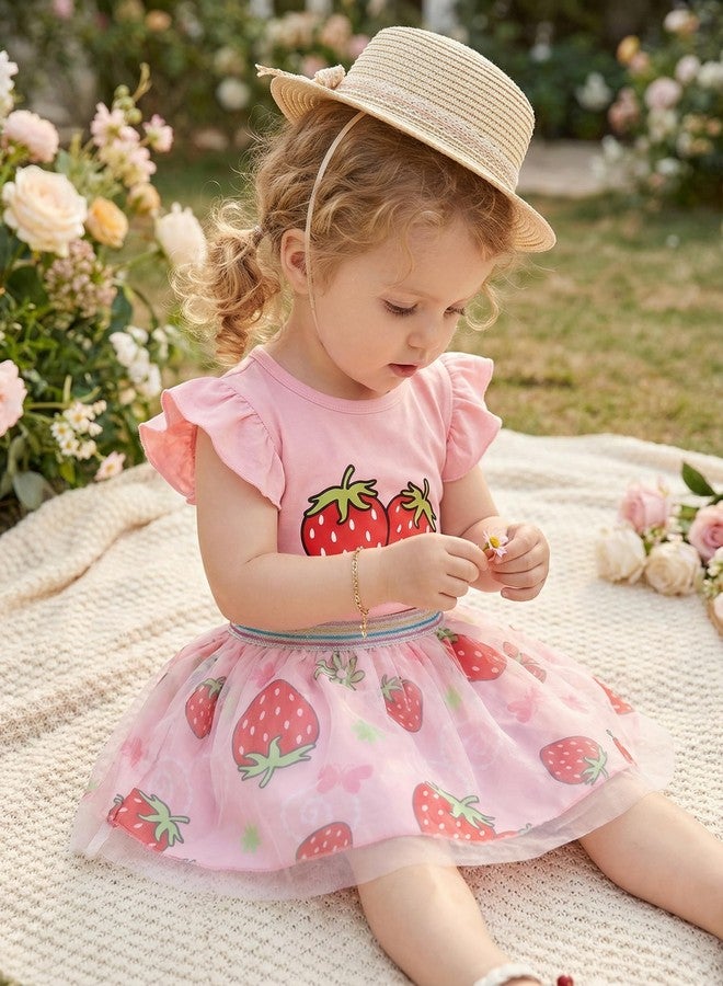 RETSUGO Girls Skirt and Top Set Flutter Sleeve Strawberry Shirt Tulle Skirts Set Kids Tutu Dress Toddler 2PC Fruit Print School Outfits 5-6 Yeras - Image 4